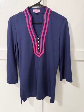Lilly Pulitzer Navy Long Sleeve Tunic with Hot Pink Trim